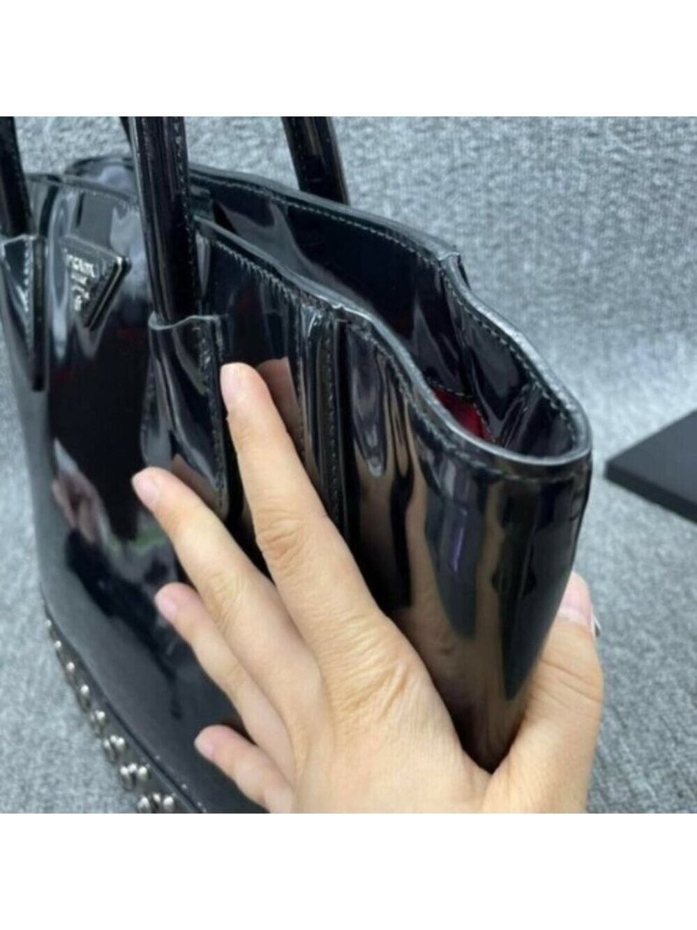 Authentic Prada Patent Leather Studded Tote Black Spazzolato Shoulder Bag - Picture 5 of 16